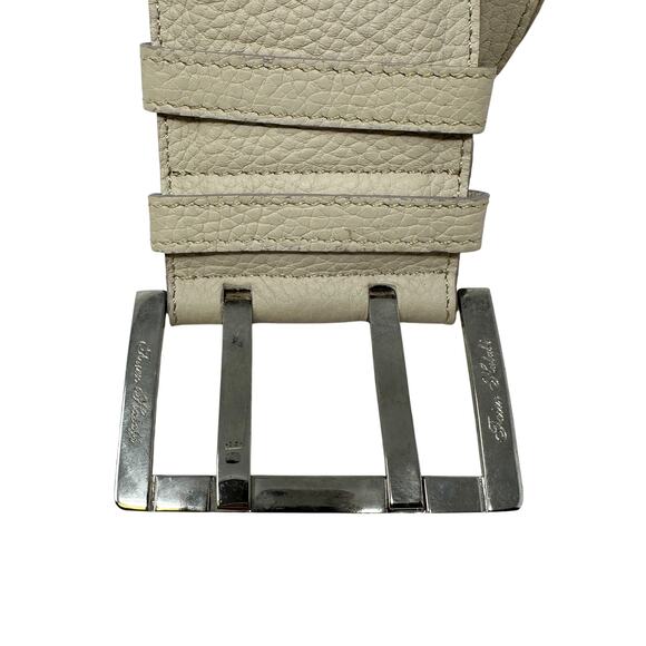 SOLD Faiez Halabi Cream Leather Wide Belt Silver Tone Buckle Size L/XL - Picture 3 of 6